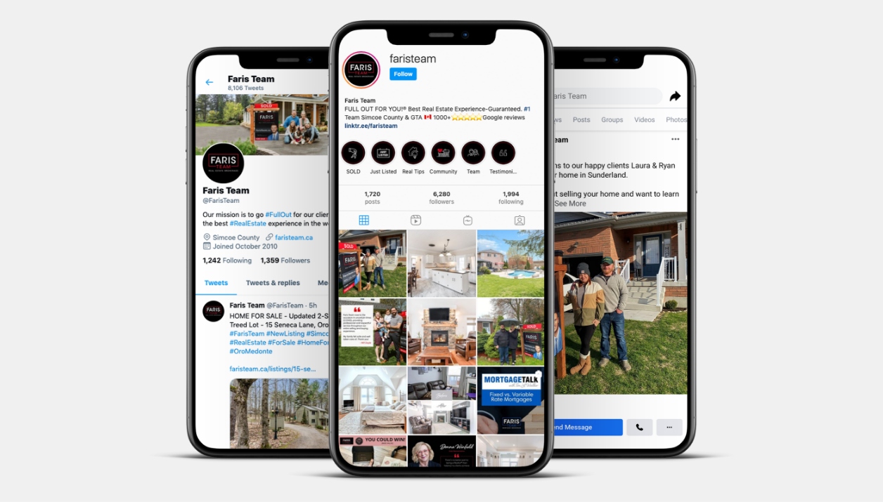 Faris Team on various social media platforms open on three different devices