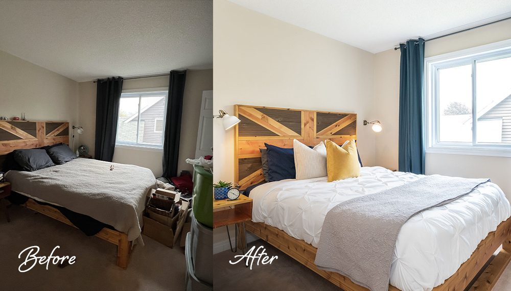 Four women performing staging duties in a well-appointed main bedroom.